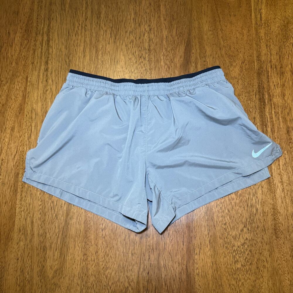 Nike Dri-FIT Womens L Gray Running Shorts Brief Lined Back Zip Pocket Drawstring